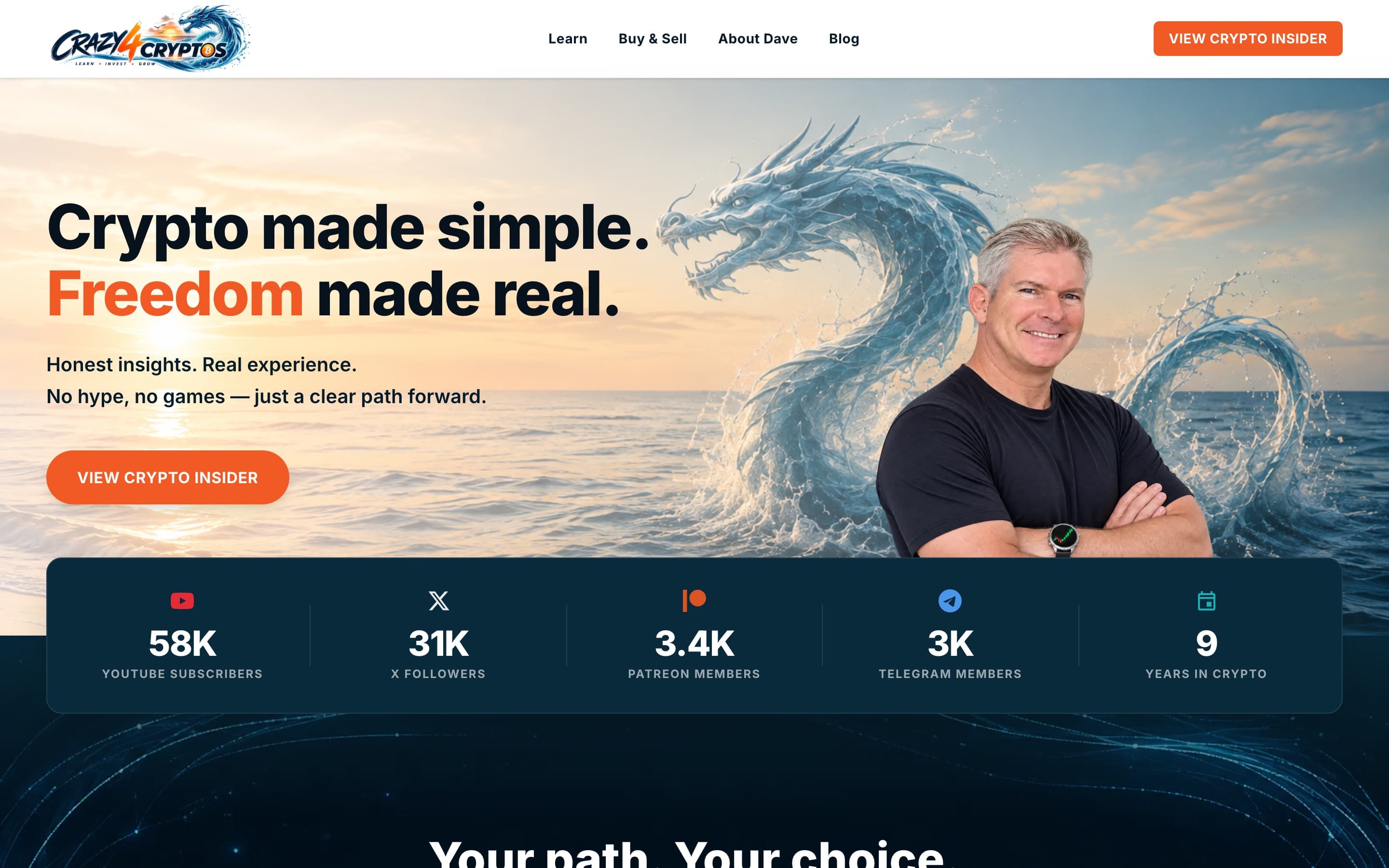 The crazy4cryptos.com home page: the headline “Crypto made simple. Freedom made real.”, a single “View Crypto Insider” button and a portrait of Dave.