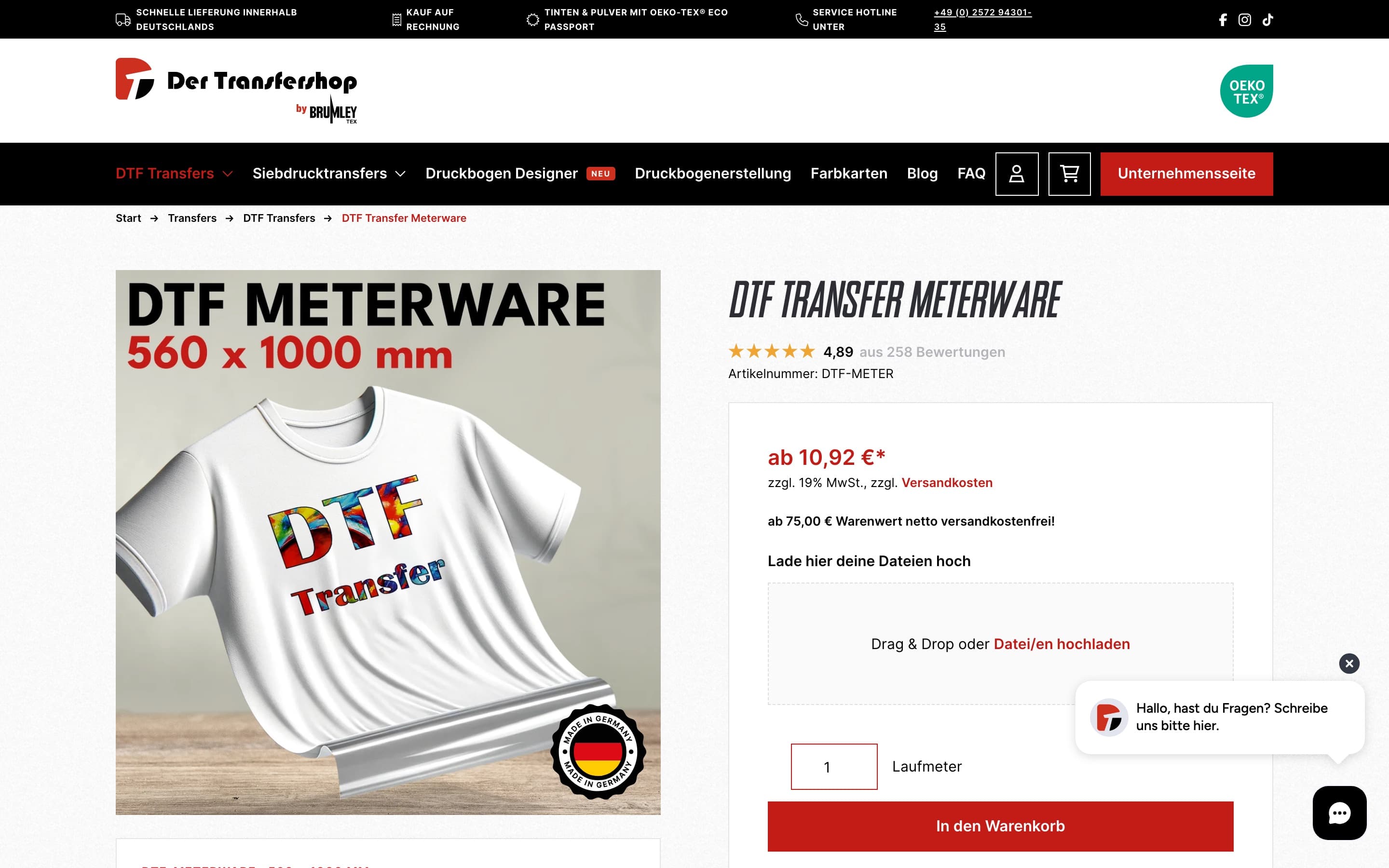 The Meterware product page on desktop: product image on the left; rating, price from €10.92, file upload, quantity and the “In den Warenkorb” button on the right, in the first screen.